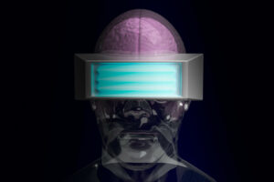 crystal head and headset on tablet for metaverse content 3d rendering