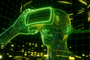 3D render, visualization of a man holding virtual reality glasses, electronic device, head surrounded by virtual data with neon green grid. Player one ready for the VR game. Virtual experience.