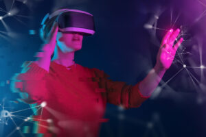 Metaverse technology concept. Woman with VR virtual reality goggles. Futuristic lifestyle.