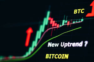 BTC stock investment graph with candlesticks. Uptrend movement after halving. Bitcoin Price Forecast and Longterm Prediction graph screen