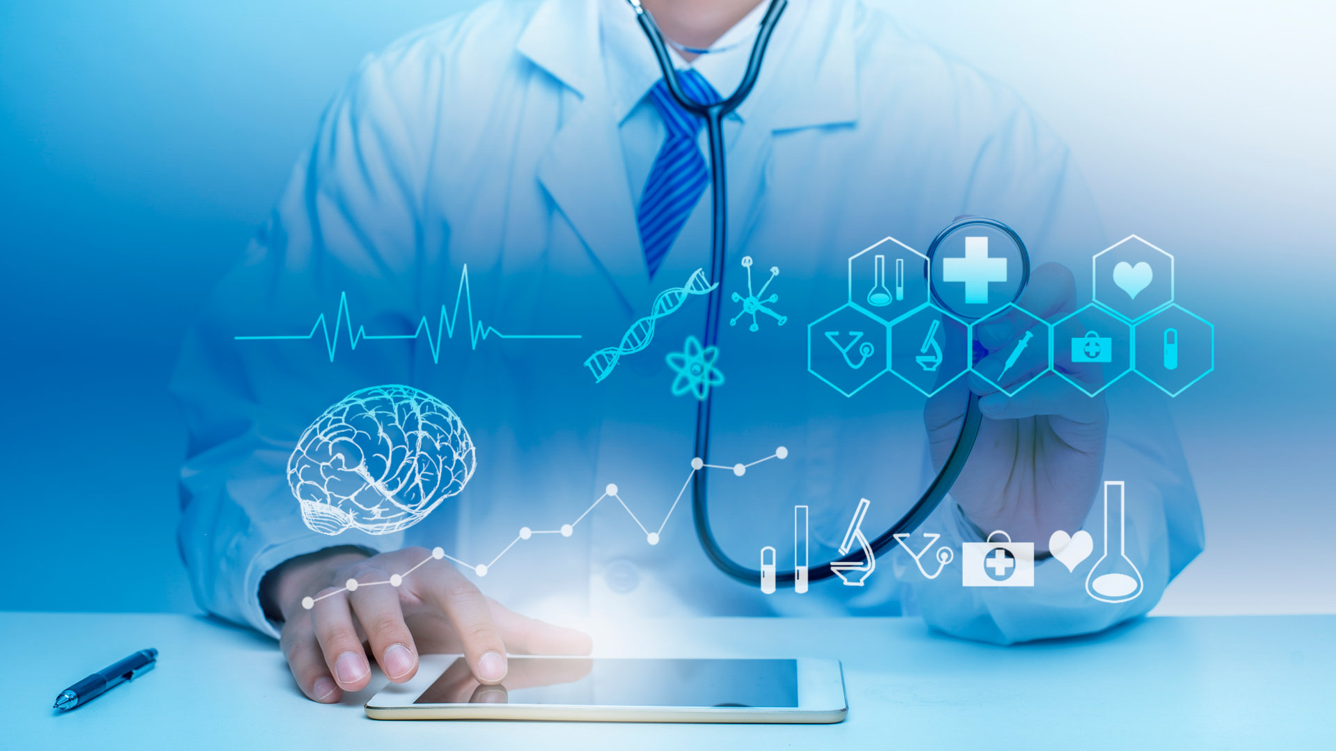 Close up of Doctor is showing medical analytics data, Medical technology concept