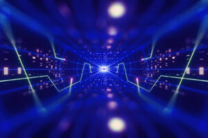 3d render, colorful neon virtual reality tunnel, abstract geometric background. Virtual data with neon blue lines and dots. Player begins the VR game. VR experience. View with depth of field.
