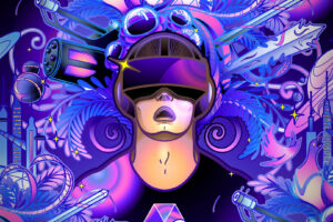 Graphic man wearing virtual reality headset