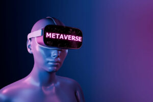 close up of a girl with VR glasses and illuminated sign with the word METAVERSE. futuristic concept of video games, NFT, VR and crypto. 3d rendering