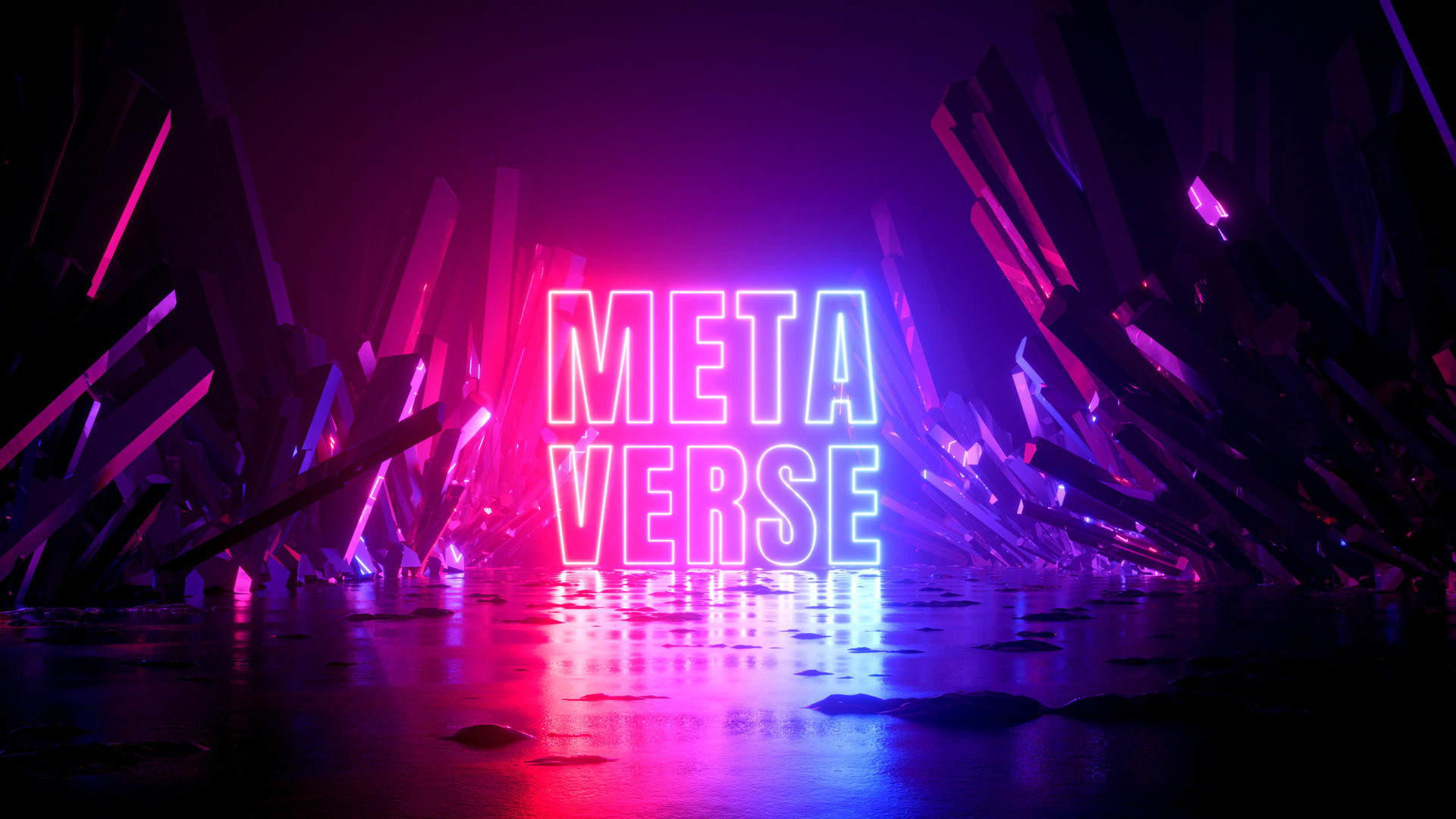 3d render, abstract fantastic background with cosmic landscape with crystals and Metaverse word glowing with neon light
