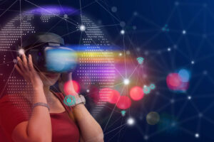 Young girl play VR virtual reality goggle and experiences of metaverse virtual world on colorful. Visualization and simulation, 3D, AR, VR, Innovation of futuristic, Metaverse Technology concepts.