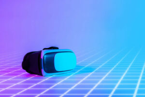 Virtual reality glass VR. 3d digital glasses on futuristic neon tech background. Amazing technology, online game, entertainment, study and virtual world