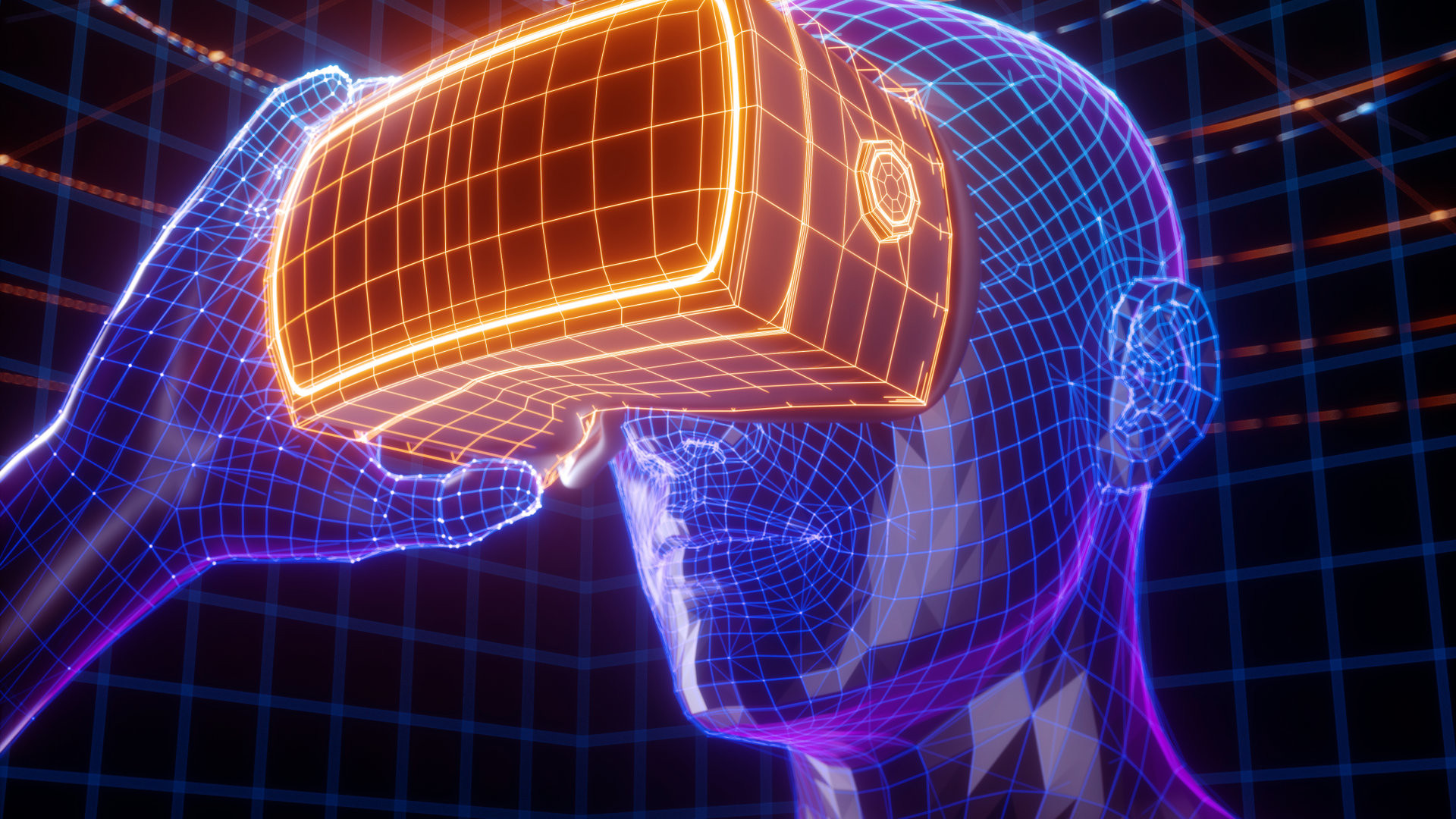 3D render of virtual man holding virtual reality glasses surrounded by virtual data with neon orange lines and dots. Player begins the VR game. VR experience.