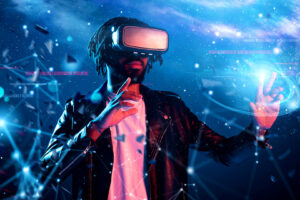Boy with VR glasses play with a videogame