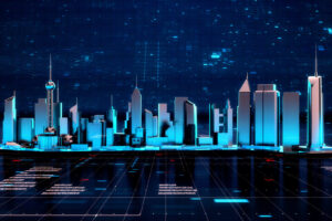 Panorama view of Metaverse, Futuristic city neon light with power energy tron light background. Digital technology Concept Background. Cityscape Futuristic 3D render.
