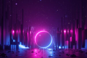 3d abstract neon background, cyber space virtual reality urban scene, glowing round shape portal at the end of the street, fantastic city, minimal skyscrapers, post apocalyptic concept, night sky