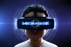 Text "METAVERSE" on VR Headset screen. Close-up shot of a young man wearing VR Headset experiencing 3D virtual reality. Technology related Metaverse concept. 3D Rendering.