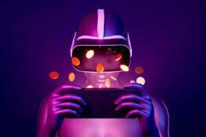 closeup of a 3d girl playing with mobile phone with VR goggles and coins around. neon lights. futuristic concept of metaverse, play to earn, nft and cryptocurrencies. 3d rendering