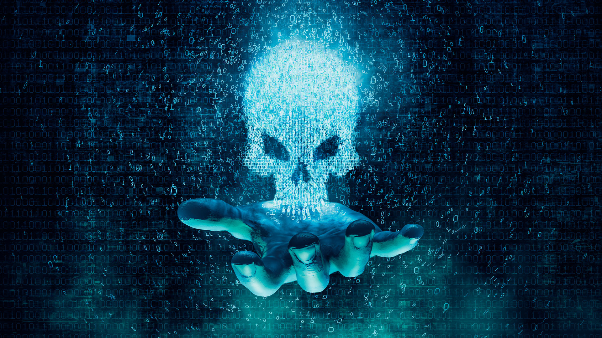Computer crime and virus concept / 3D illustration glowing skull formed by binary digits floating above open hand